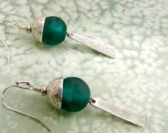 Emerald green earrings with hammered silver caps & charms / frosted glass / pewter earrings / jewelry gift