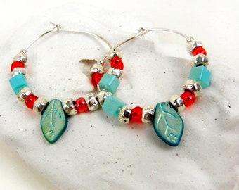 Leaf hoop earrings in aqua, red & silver / festive jewelry / jewelry gift