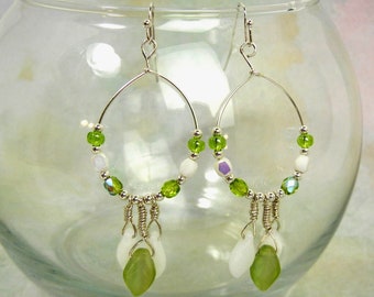 Leaf drop hoop earrings in green & white with Czech glass beads / 4 season earrings / jewelry gift