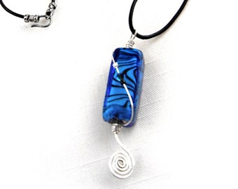 Blue pendant necklace of lampwork glass with crystal & sterling silver spiral on leather cord/focal jewelry / OOAK