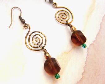 Golden brown glass earrings with bronze & sparkly green accents / spiral jewelry / energy symbol / jewelry gift