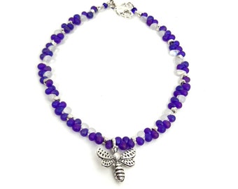 Dragonfly anklet with blue & white drop beads / summer jewelry / jewelry gift