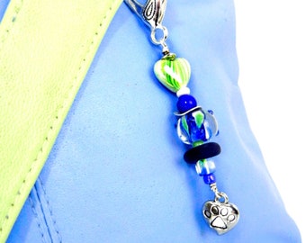 Heart paw-print bag charm or key chain in blues & greens / backpack, belt loop, purse ornament / pet love gift / gift from pet