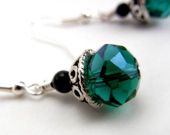 Green crystal earrings with fancy silver bead caps / small earrings / emerald green / jewelry gift