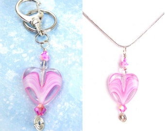 Pink heart key chain/bag charm OR pendant necklace with silver spiral & crystal / backpack charm / ornament / heart jewelry / Valentines Day