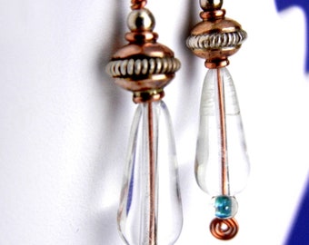 Copper & silver earrings of vintage Lucite clear drops and wire spirals with turquoise accent / jewelry gift / Mothers Day