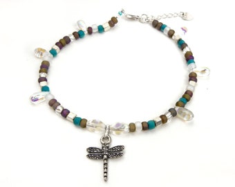 Beaded dragonfly anklet in muted tones with sparkly drops / yin & yang / summer jewelry / ankle bling