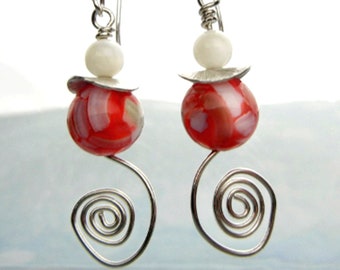 Red & white mother-of-pearl earrings with shell beads, sterling silver spirals and brushed silver discs / shell earrings / jewelry gift