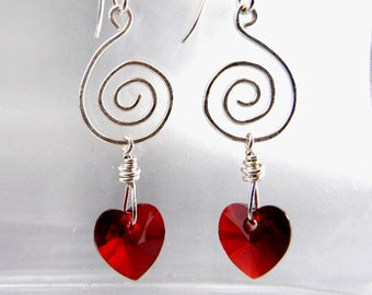 Red heart earrings of Swarovski crystals on sterling silver wire spirals / heart jewelry / crystal earrings / love gift