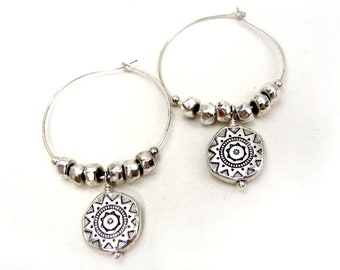 Silver hoop earrings with sun charm / Aztec-type sun sign symbol / spirit & rebirth / boho jewelry / jewelry gift /