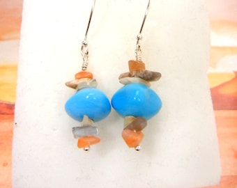 Moonstone chip earrings with blue ceramic beads / gemstone jewelry / good luck stones / jewelry gift