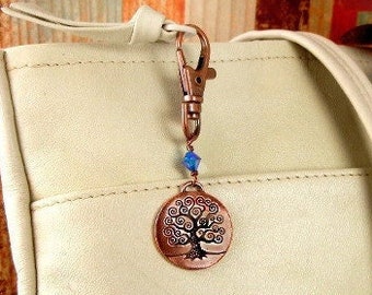 Tree of Life charm handbag purse clip, key chain, backpack, belt loop charm, antique copper & blue crystal bead /unity symbol / jewelry gift