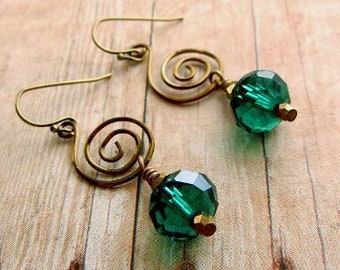 Green crystal earrings with bronze wire spirals / crystal jewelry / emerald green / strength & energy / jewelry gift