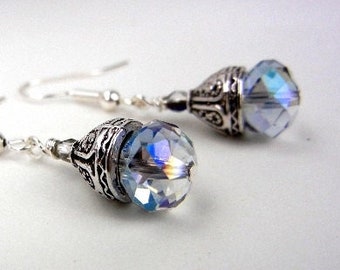 Crystal earrings with sparkly rainbow flash and fancy silver bead caps / small earrings / jewelry gift  /