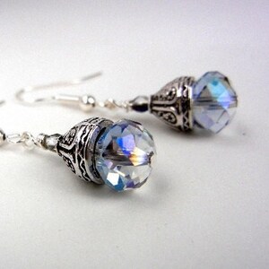 Crystal earrings with sparkly rainbow flash and fancy silver bead caps / small earrings / jewelry gift / image 1