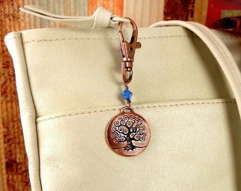 Tree of Life charm handbag purse clip, key chain, backpack, belt loop charm, antique copper & blue crystal bead / unity symbol