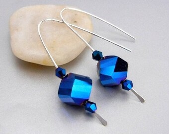 Sterling silver earrings of cerulean blue helix metallic glass / jewelry gift