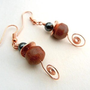 Goldstone earrings with hemalyke & copper wire spirals // gemstone jewelry / jewelry gift image 1