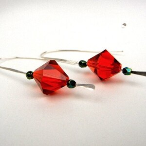 Red crystal earrings with emerald green Czech glass beads on sterling silver hammered wire image 1