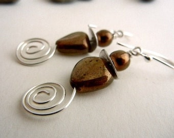 Golden brown earrings of luster glass & pearls with sterling silver wire spirals / energy symbol / jewelry gift