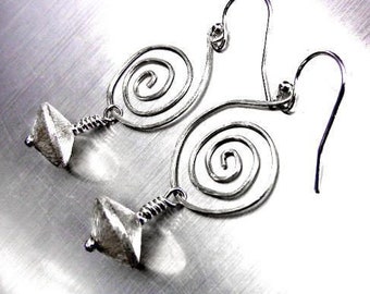 Silver spiral earrings with brushed drop charm / silver jewelry / energy symbol / jewelry gift