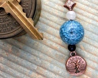 Tree of Life charm key chain with teal blue crackle ball, carnelian & copper / bag or backpack charm / ornament / jewelry gift