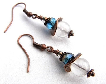 Copper earrings with clear quartz, teal blue and crystal accents / copper jewelry / gemstone jewelry / gifts 17.00 and under / gift