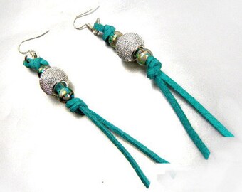 Suede tassel earrings in teal blue suede with silver and swirl beads / boho jewelry / leather jewelry