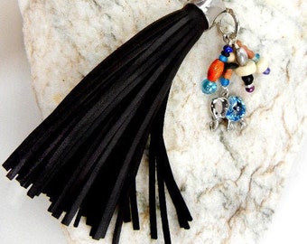 Elephant charm key chain or bag charm of black leather tassel with wood, bone, ceramic & glass / purse accessory / OOAK / Mothers Day