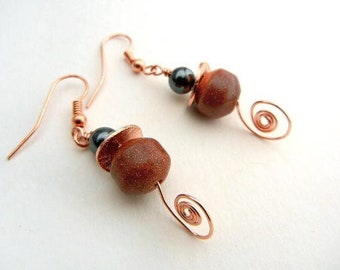 Goldstone earrings with hemalyke & copper wire spirals // gemstone jewelry / jewelry gift