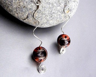 Halloween earrings - Orange & black earrings of glass swirl beads on silver squiggled wire with spirals / OOAK / jewelry gift