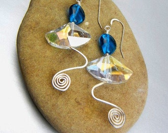 Cerulean blue earrings and rainbow flash glass, sterling silver hammered wire wave & spiral / Blue Wave / jewelry gift