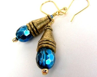 Blue & brass earrings of faceted reflective coated glass / brass jewelry / jewelry gift