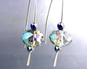 Rainbow crystal earrings with hammered sterling silver wire / sparkly earrings / dressy jewelry