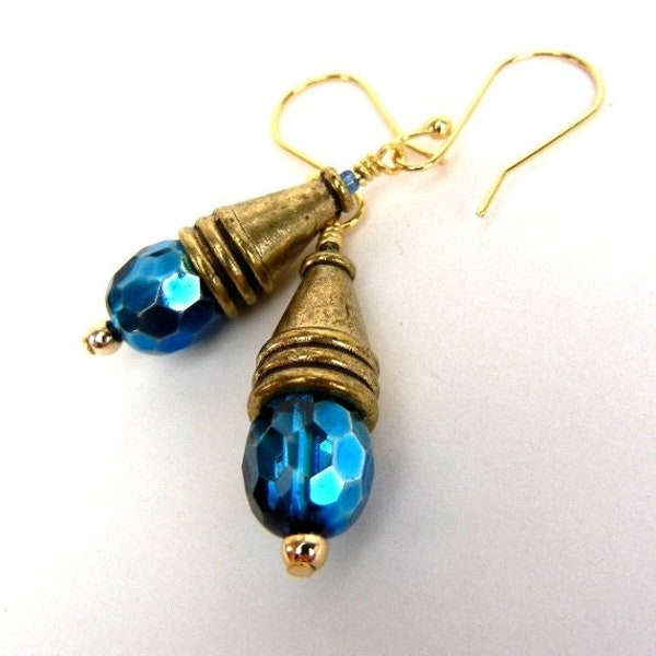 Blue & brass earrings of faceted reflective coated glass / brass jewelry / jewelry gift