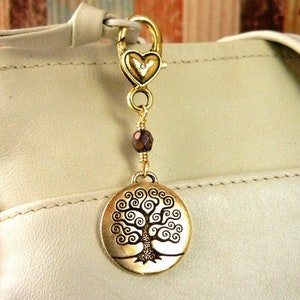 Tree of Life handbag charm gold, key chain clip, backpack or belt loop clip / energy symbol / tree charm / purse accessory