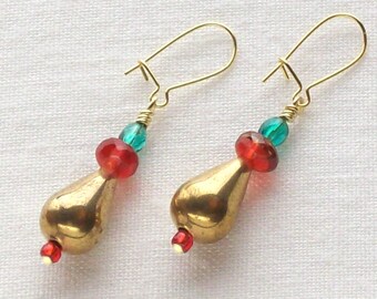 Holiday earrings of vintage bronze drops with red sparkly & green Czech glass beads / jewelry gift / Christmas earrings