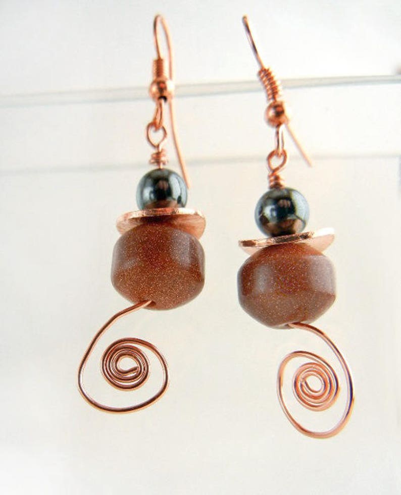 Goldstone earrings with hemalyke & copper wire spirals // gemstone jewelry / jewelry gift image 2