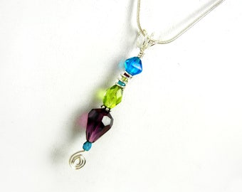 Wire wrapped pendant necklace 3-colored glass with silver spiral / blue, green purple / silver snake chain / elegant jewelry /Valentines Day