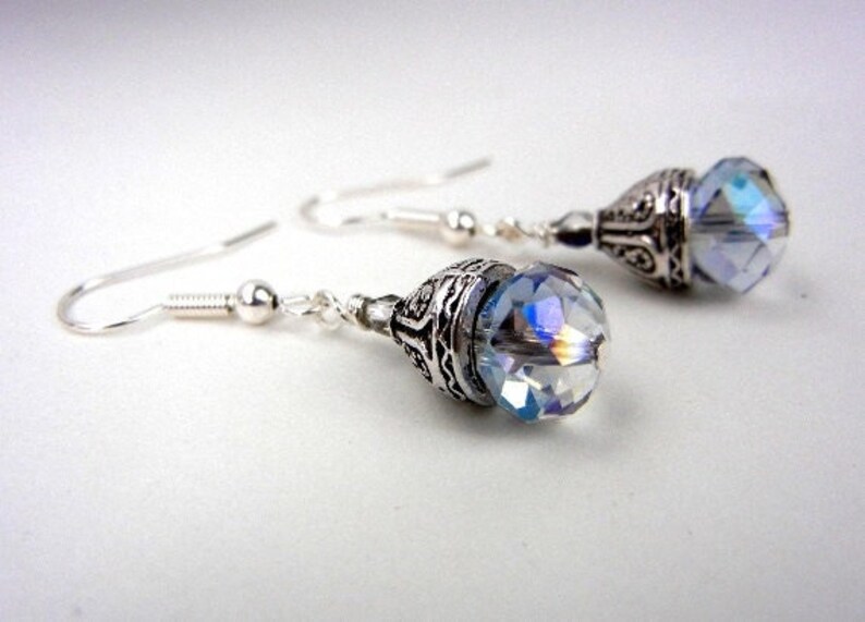 Crystal earrings with sparkly rainbow flash and fancy silver bead caps / small earrings / jewelry gift / image 1