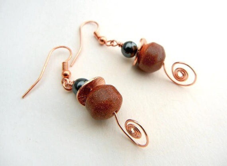 Goldstone earrings with hemalyke & copper wire spirals // gemstone jewelry / jewelry gift image 1