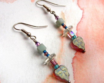 Aventurine bead earrings with rainbow glass, gold luster leaves & mauve accents / pale aqua / gemstone jewelry / jewelry gift