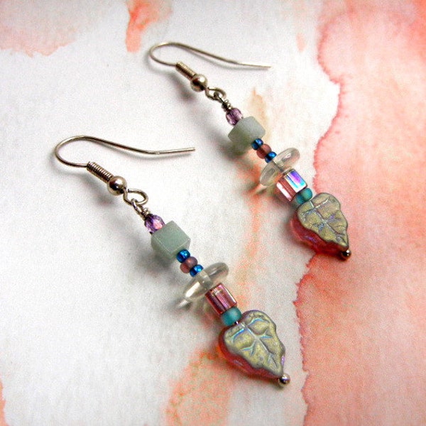 Aventurine bead earrings with rainbow glass, gold luster leaves & mauve accents / pale aqua / gemstone jewelry / jewelry gift