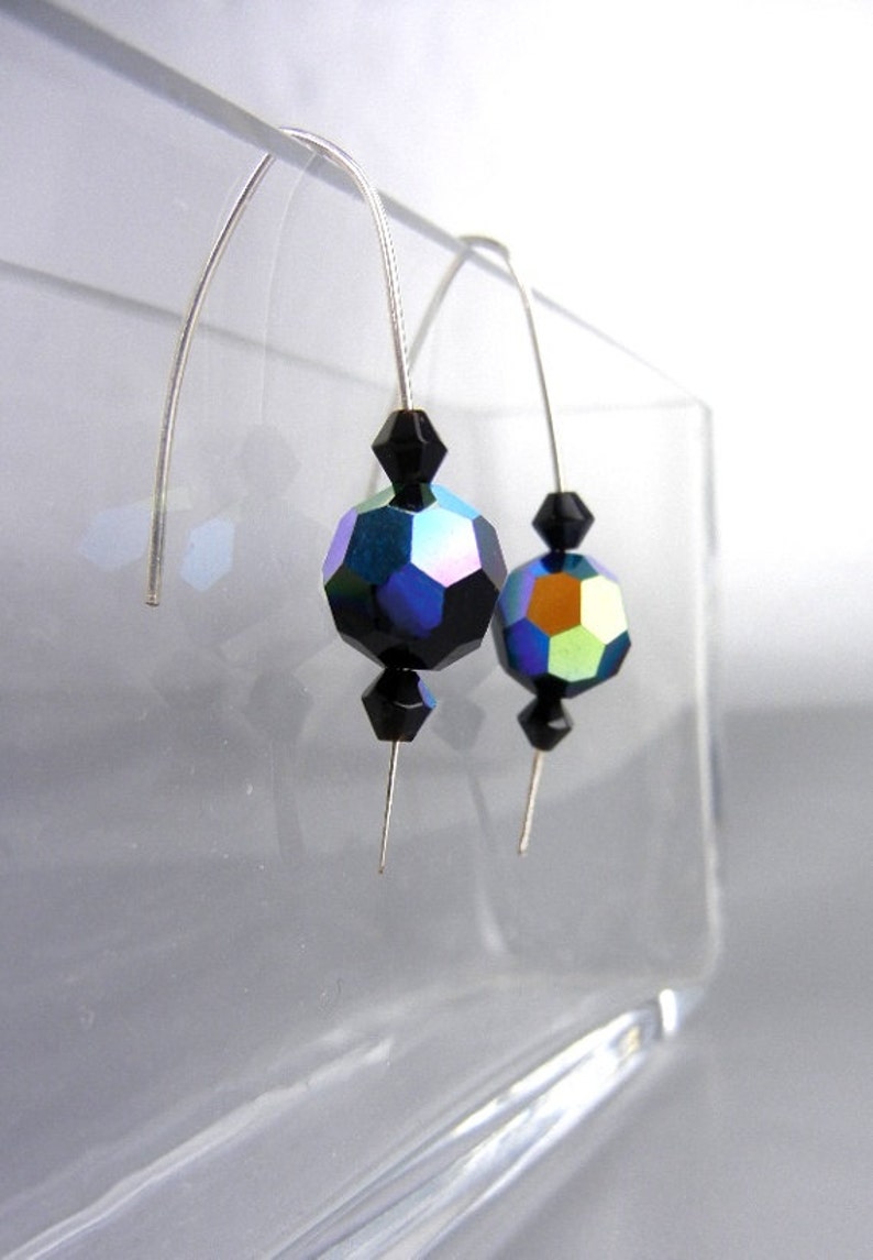 Dark blue crystal earrings with sterling silver hammered wire / jewel tone earrings / blues, greens, purples / jewelry gift image 5