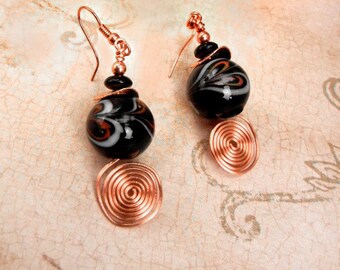 Black marble earrings with butterfly wing swirls & copper spirals / "Butterfly Marbles" / jewelry gift