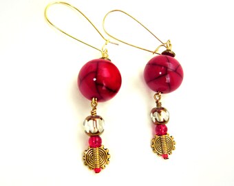 Red & gold earrings with Czech glass window pane beads and gold accents / jewelry gift