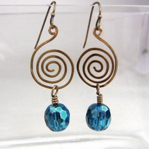 Cerulean blue earrings with bronze wire spirals / metallic coating / energy symbol / jewelry gift