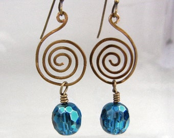 Cerulean blue earrings with bronze spirals / metallic coating / energy symbol / jewelry gift