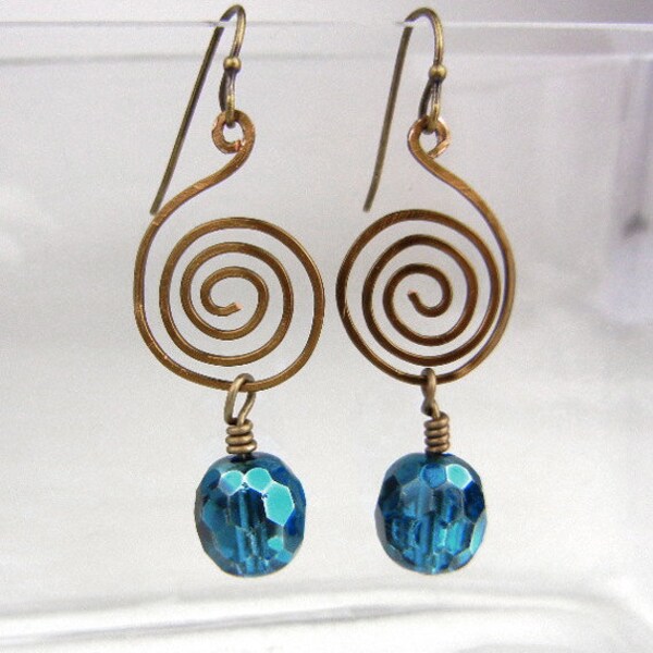 Cerulean blue earrings with bronze spirals / metallic coating / energy symbol / jewelry gift