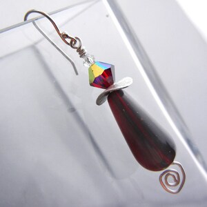 Dark merlot red earrings with crystals and sterling silver spirals / jewelry gift image 4